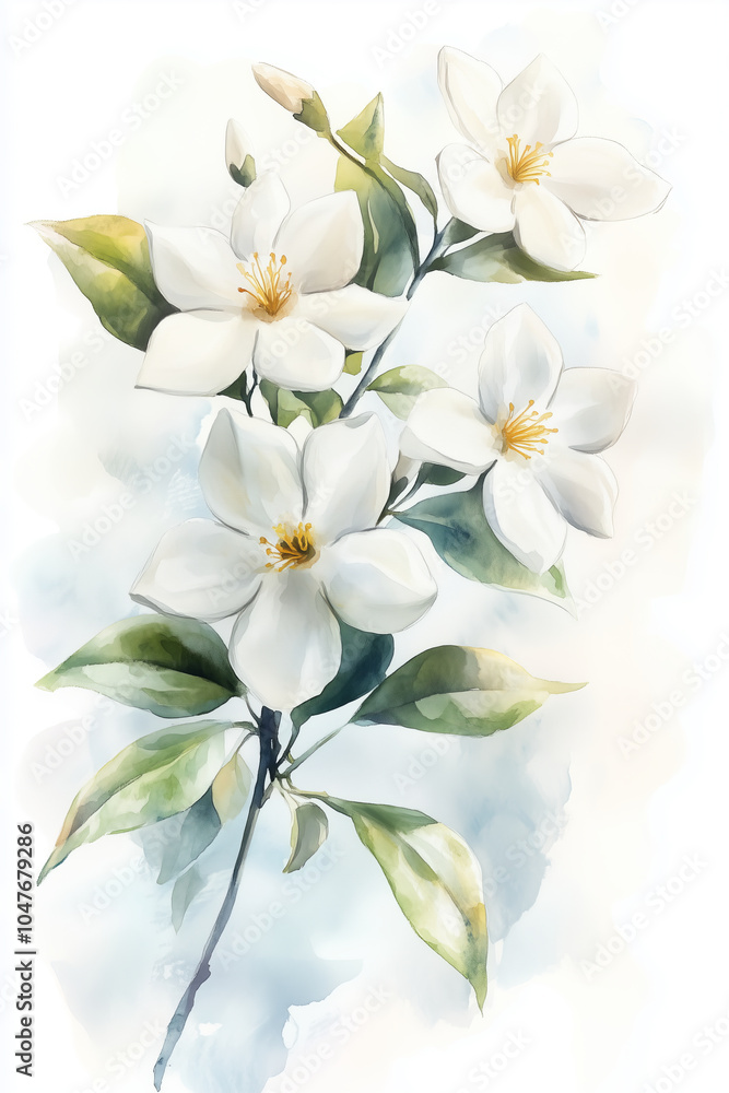 Obraz premium Watercolor painting of a soft white jasmine flower.