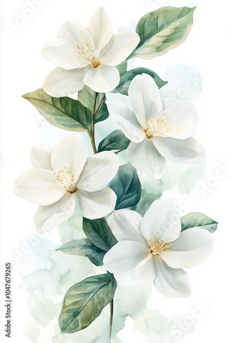 Watercolor painting of a soft white jasmine flower.