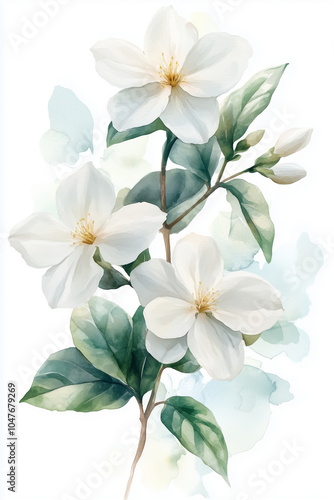 Watercolor painting of a soft white jasmine flower.