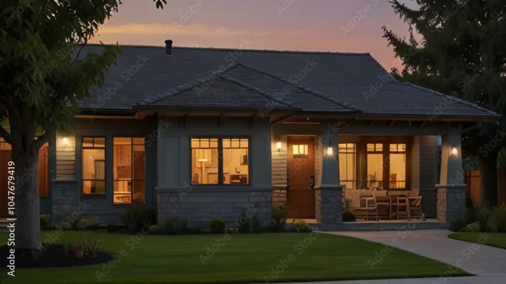 Twilight view of a craftsman house in a serene suburb, showcasing natural wood sidings, a tiled roof, at day time Twilight view of a craftsman house in a serene suburb, showcasing natural wood sidings, a tiled roof, at day time