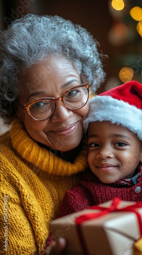 Grandmother and grandson share a warm moment while celebrating the holiday se...