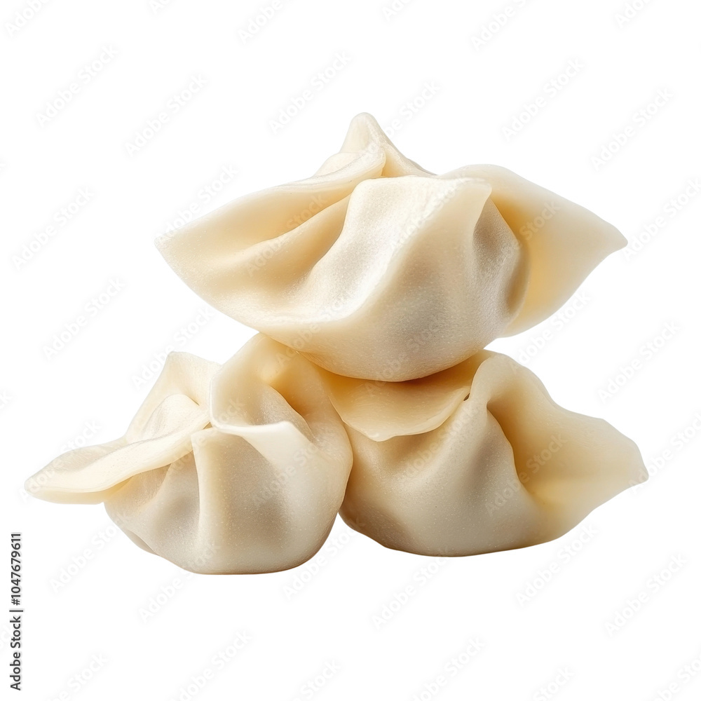 Delicate dumplings stacked on a white background, perfect for culinary presentations. Delicate dumplings stacked on a white background, perfect for culinary presentations.