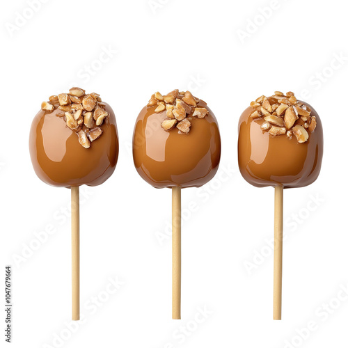 Delicious caramel apples on sticks, topped with crunchy nuts, isolated on a white background.