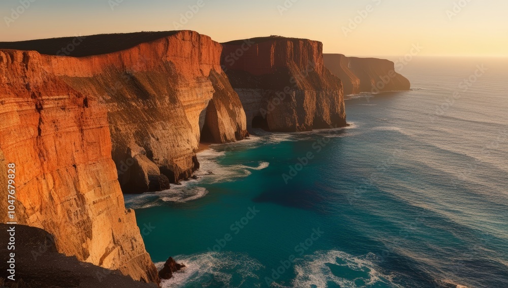 Fototapeta premium High cliffs against the sea, sun on the horizon, dramatic shadows and light transitions, minimalist landscape, strong sense of nature.
