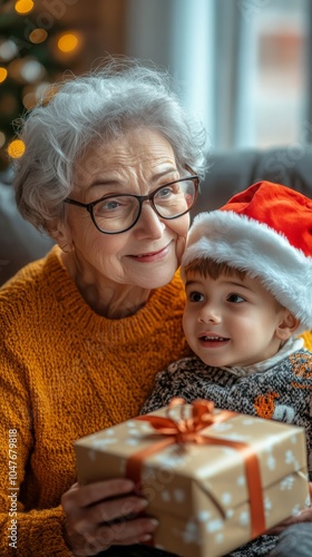 Grandmother and grandson share a warm moment while celebrating the holiday se...