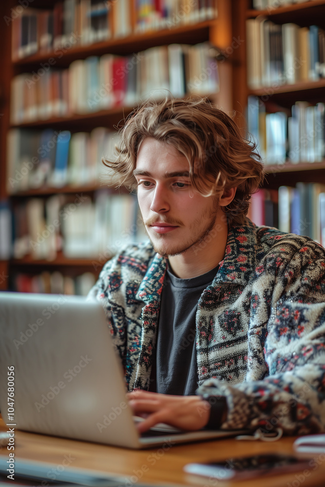 Caucasian male student using laptop in library. Caucasian male student using laptop in library.