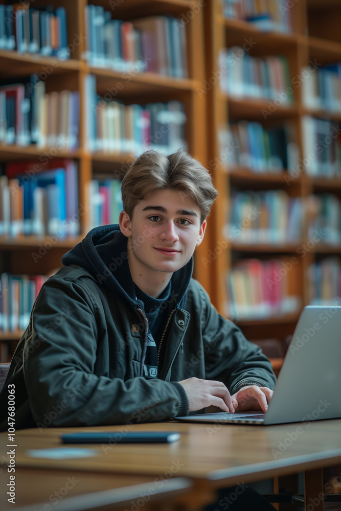 Caucasian male student using laptop in library. Caucasian male student using laptop in library.