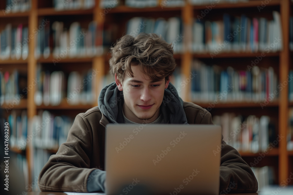 Caucasian male student using laptop in library. Caucasian male student using laptop in library.