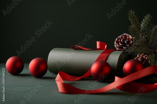 Decorative holiday setting with red ornaments, green gift wrap, and pinecones...