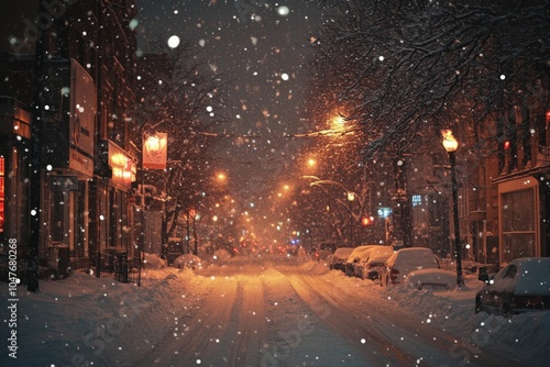 Snowy city street at night with lights