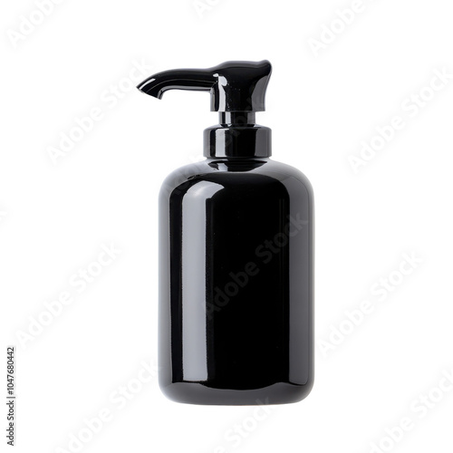 Elegant black pump bottle on a white isolated background, ideal for personal care products.