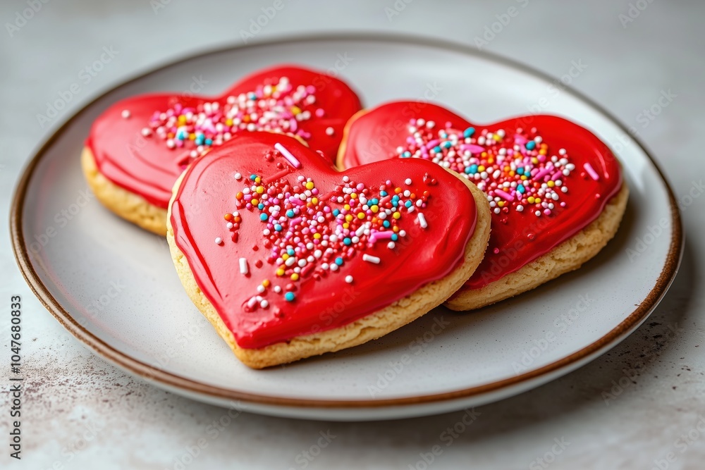 Three heart-shaped cookies with sprinkles on top of a white plate Three heart-shaped cookies with sprinkles on top of a white plate