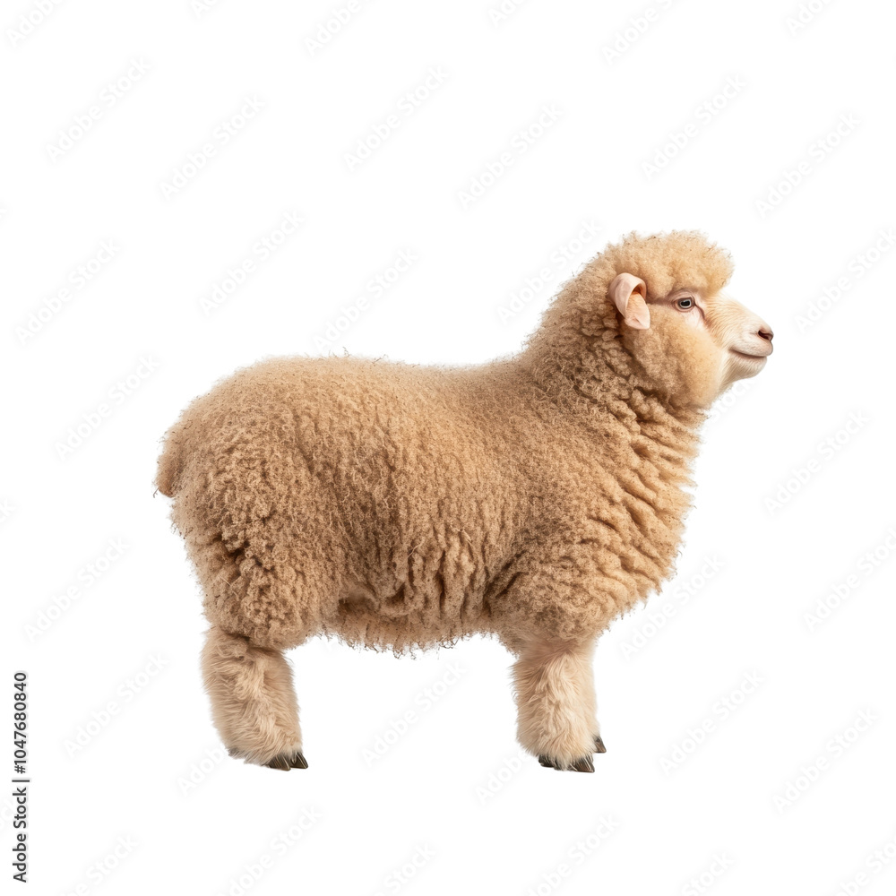 Naklejka premium Fluffy lamb with soft wool standing isolated on white background.