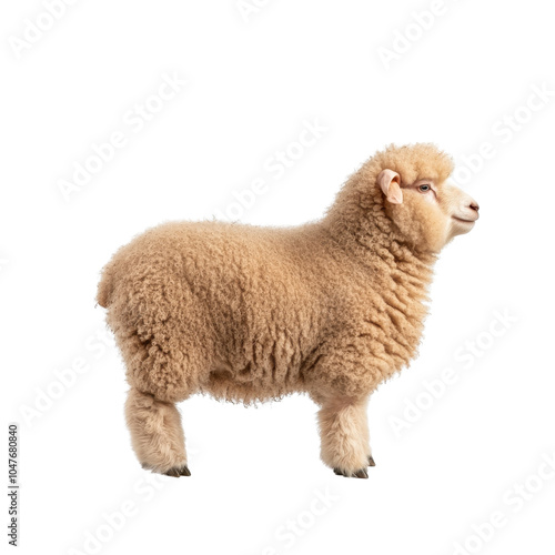 Fluffy lamb with soft wool standing isolated on white background. photo