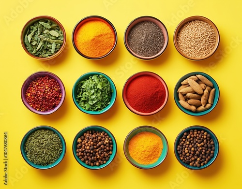 A row of bowls filled with various spices and herbs