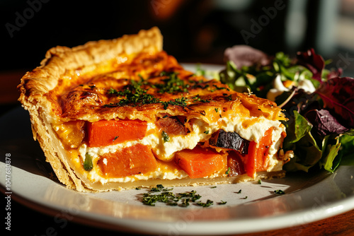  homemade quiche with pumpkin, goat cheese and herbs, served with fresh mixed salad