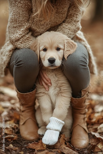 Cute golden retriever puppy sitting beside a person in cozy boots among autum...