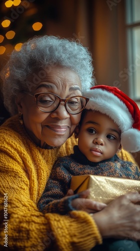 Grandmother and grandson share a warm moment while celebrating the holiday se...