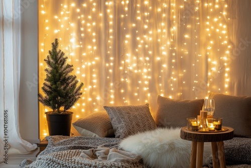 Cozy indoor setting with warm lights, soft textiles, and festive decorations ...