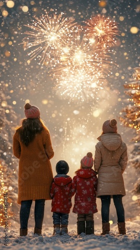 Families celebrate New Years Eve with fireworks in a snowy park during a festive night photo