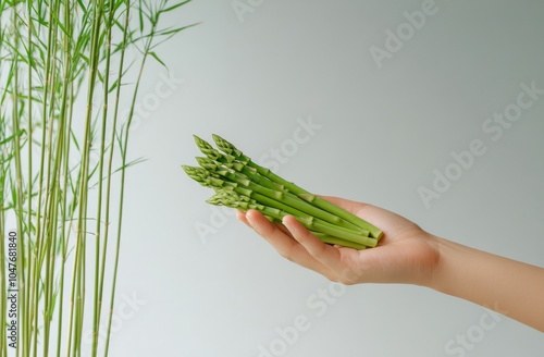 Fresh asparagus held in hand with green bamboo leaves in the background in na...