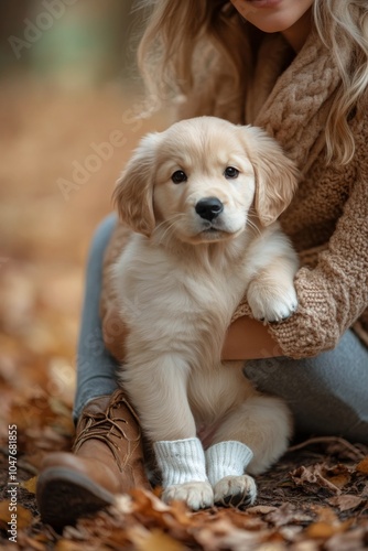 Cute golden retriever puppy sitting beside a person in cozy boots among autum...