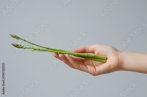 Fresh asparagus held in hand with green bamboo leaves in the background in na...