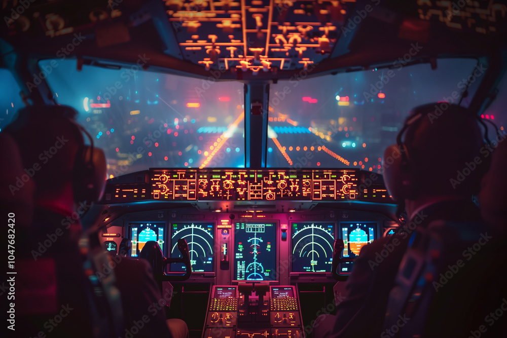 Fototapeta premium View from behind the pilot in the cockpit at night.