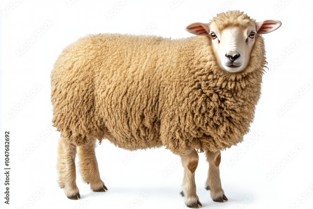 Portrait of a young sheep with snowflakes on its fur in a winter landscape during daylight Portrait of a young sheep with snowflakes on its fur in a winter landscape during daylight