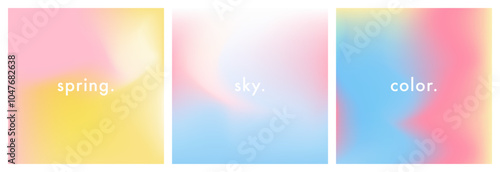 Light blue, yellow and rose pink gradient background. Abstract romantic sky texture. Relax. Wave gradation pattern. Aesthetic bg. Set of 3 square vector gradient background for poster, ig, social post