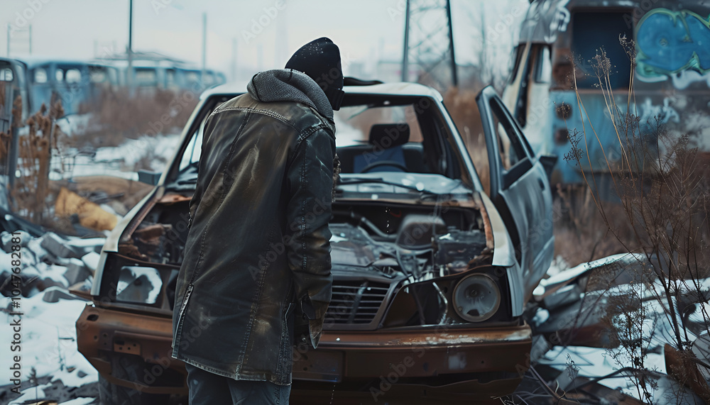 Man looking under hood of broken car outdoors, back view Man looking under hood of broken car outdoors, back view