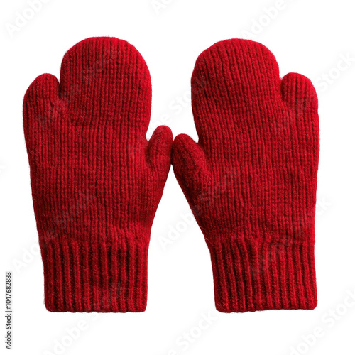Pair of warm red mittens on a white isolated background.