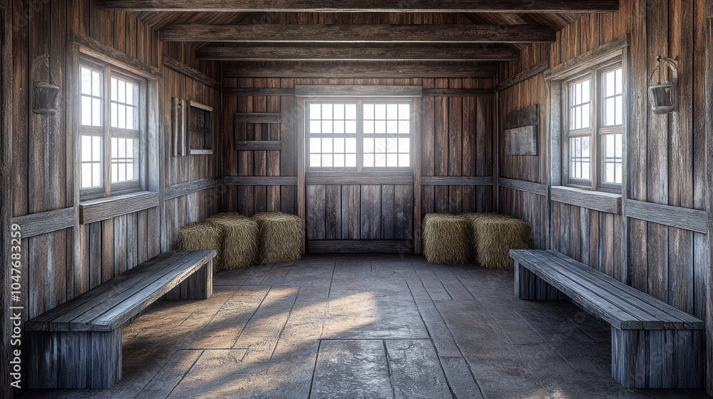 Empty rustic wooden cabin interior with hay bales, wooden benches, and windows. Empty rustic wooden cabin interior with hay bales, wooden benches, and windows.