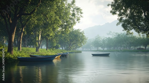 A peaceful riverside view in Nagercoil, with boats gently floating on the water and trees lining the banks.