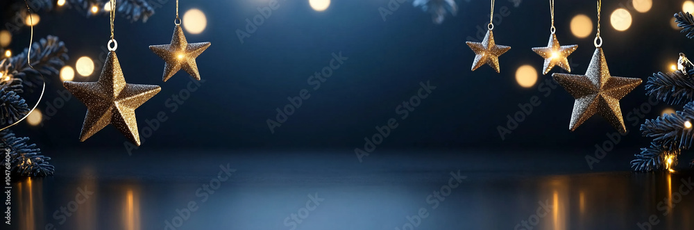 Obraz premium Golden star ornaments hang against a dark blue backdrop with blurred lights