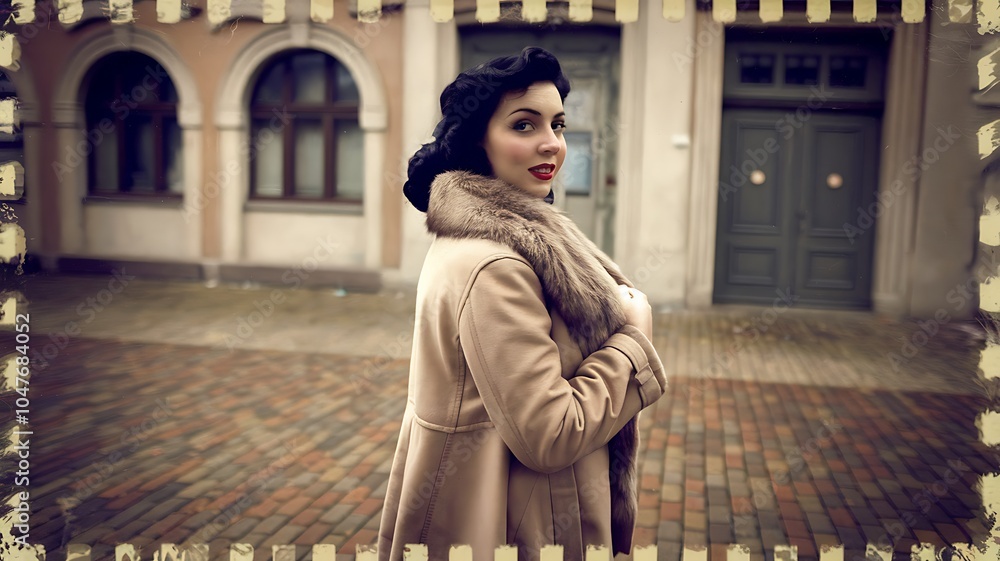 Fototapeta premium Elegant vintage style photograph of a dark-haired woman in a chic fur coat amidst historical architecture