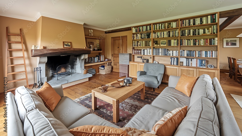 A cozy living room with a warm fireplace and inviting bookshelves for relaxation and leisure A cozy living room with a warm fireplace and inviting bookshelves for relaxation and leisure
