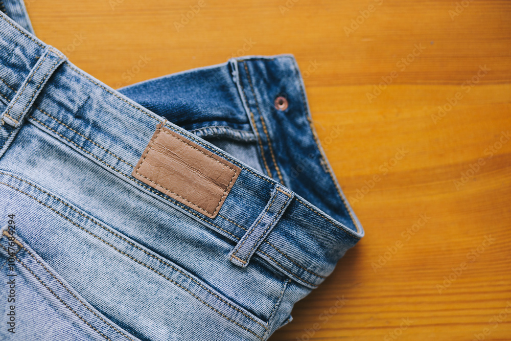 A close-up of the back pocket of jeans with a leather brand label on the waist, lying on a wooden table. Modern, stylish and bright denim enhances the texture details A close-up of the back pocket of jeans with a leather brand label on the waist, lying on a wooden table. Modern, stylish and bright denim enhances the texture details