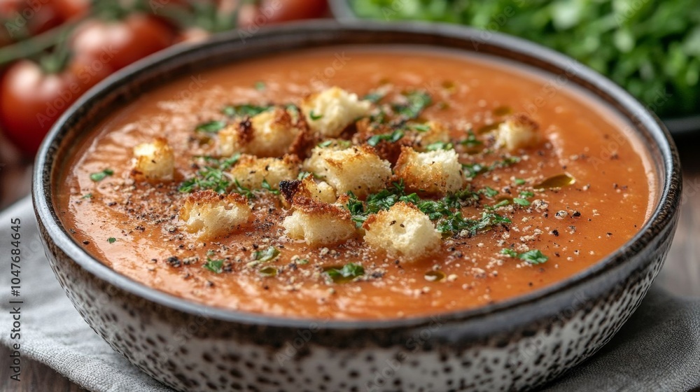 Delicious roasted tomato soup garnished. Delicious roasted tomato soup garnished.