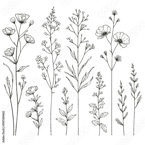 Adobe Illustrator Artwork
outline black and white line art, lineart, doodle flower. set of contour floral of cosmos, Chamomile, daisies, grasses, stems, herbs, leaves decorative elements