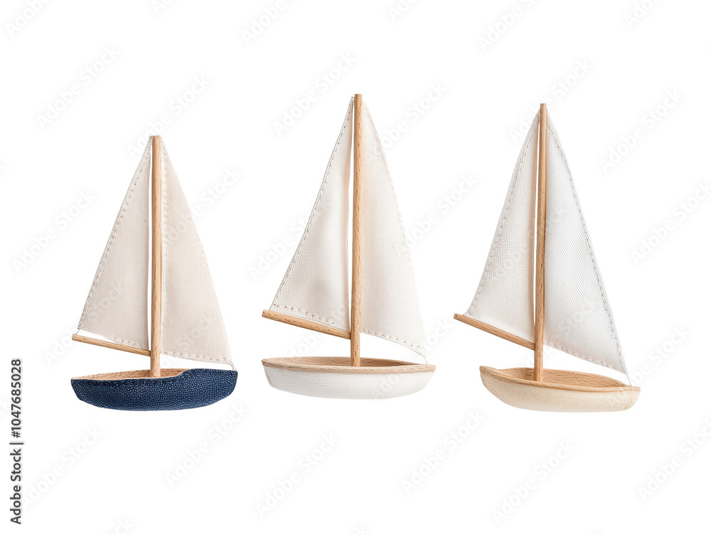 Obraz premium Three decorative sailboats on a white isolated background, perfect for nautical-themed decor.