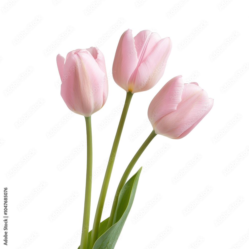 Fototapeta premium Three elegant pink tulips with green stems, isolated on a white background.