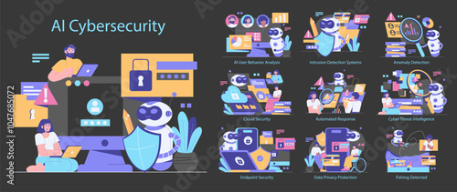 AI Cybersecurity. Flat Vector Illustration