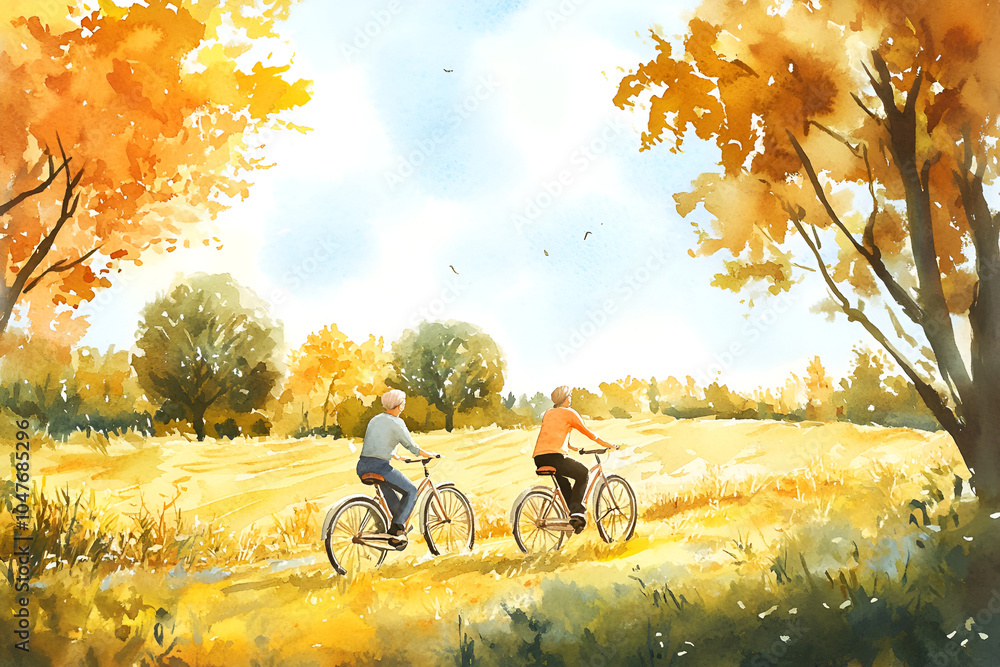 Obraz premium Two elderly people biking through a sunny autumn landscape filled with golden trees