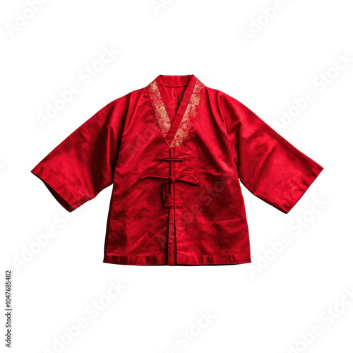 Traditional red silk kimono with intricate gold embroidery, isolated on white. photo