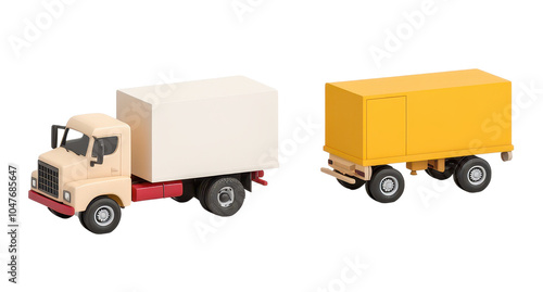 colorful toy trucks on white isolated background, perfect for transport and logistics themes. photo