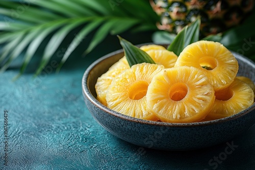 A 45 Angle shot of pineapple rings with a trop photo