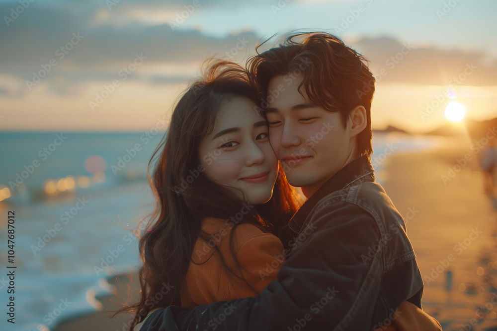 Asian couple hugging on the beach, holiday travel Asian couple hugging on the beach, holiday travel