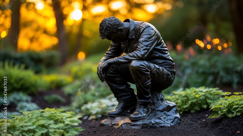 A bronze statue of a man sitting in a contemplative pose, surrounded by greenery and golden sunlight. A bronze statue of a man sitting in a contemplative pose, surrounded by greenery and golden sunlight.