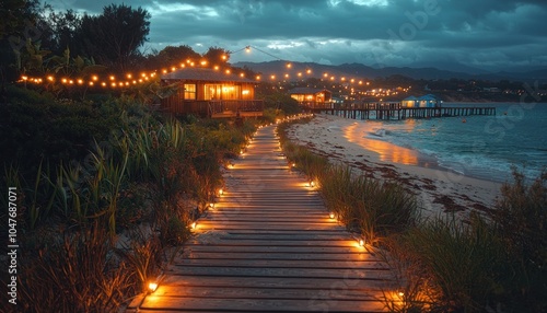 Wallpaper Mural Illuminated Wooden Pathway Leading to the Beach at Dusk Torontodigital.ca